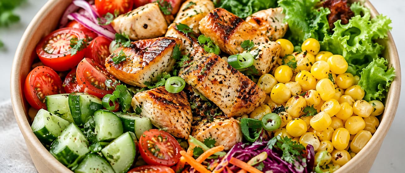 Proteinreiche Bowl mit Hähnchen und frischem Gemüse